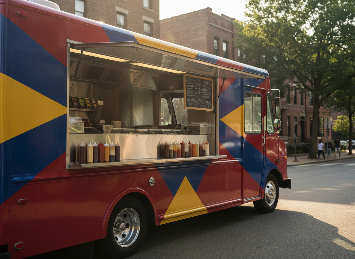 A sleek, contemporary St. Louis food truck parked curbside in an urban neighborhood, its service window open to reveal gleaming stainless-steel counters, neatly organized condiment bottles, and a handwritten-style menu board without readable text. The truck’s exterior features bold geometric colors inspired by the St. Louis city flag without showing an actual logo or words. Late afternoon natural light casts a warm, documentary glow, with long, soft shadows stretching across the asphalt. Shot at eye level in photographic realism, the composition follows the rule of thirds, with the truck dominating the frame while distant, softly blurred brick buildings and leafy street trees suggest a bustling city backdrop. The mood is professional yet welcoming, conveying authentic local journalism focused on mobile food businesses.